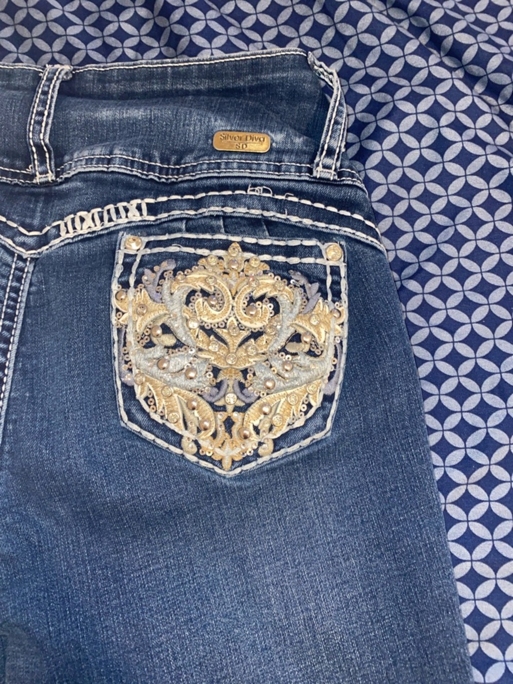 Silver Diva Dark Blue Skinny Jeans with Gold & Silver Embroidered Pocket